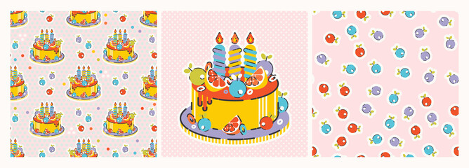 Cute vector set with a card with a cake with candles and festive seamless patterns. Bright illustration, print, wrapping paper, birthday invitation.