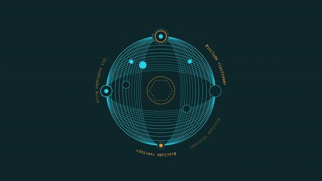 Looped animation of a wireframe sphere HUD element.