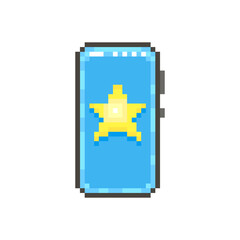 colorful simple flat pixel art illustration of modern smartphone with yellow star with glow on the screen