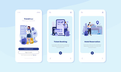 Onboard mobile screen with travel app illustration concept