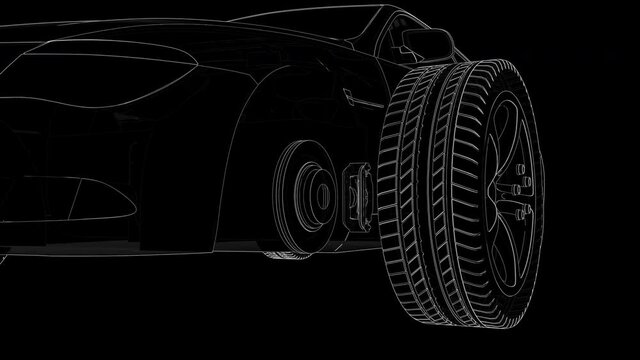 animation of the car and its components in black and white technological stylization. there are two animation loops in two render stages and black and white masks of car parts
