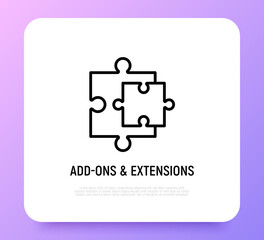 Add-ons and extensions. Browser add thin line icon, two details of puzzle. Modern vector illustration. - obrazy, fototapety, plakaty