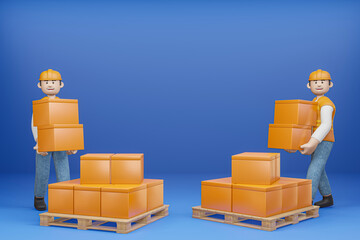3D cartoon character Worker moving goods isolate blue background - 3D rendering