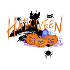 Halloween illustration with cute Pumpkins, spiders and sinister castle on a white background. Cartoon style.