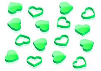 緑のハートマークが並ぶ3Dイラスト