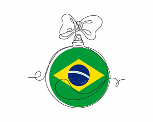 Continuous one line drawing of christmas ball with Federative Republic of Brazil flag new year concept icon in silhouette on a white background. Linear stylized.
