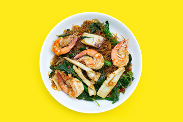 Spicy stir fried vermicelli with holy basil leaves and sea food