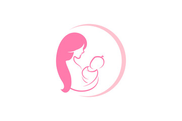 Mother and baby logo vector symbol. Mom hugs her child logo template