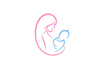 Mother and baby logo vector symbol. Mom hugs her child logo template