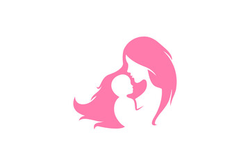Mother and baby logo vector symbol. Mom hugs her child logo template