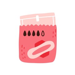 Feminine sanitary pads in pack. Disposable menstrual napkin in open package for women period. Hygiene plastic towels for menstruation. Flat vector illustration isolated on white background