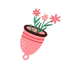 Reusable menstrual cup for menstruation period. Eco sanitary silicone female device for vaginal hygiene. Organic hygienic container. Colored flat vector illustration isolated on white background