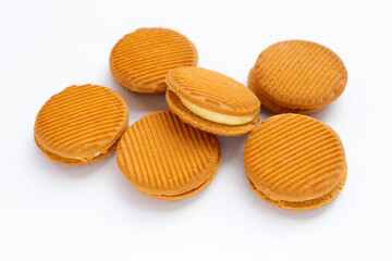 Custard cream sandwich biscuits on white background.