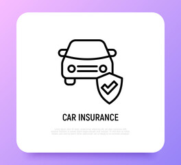 Car insurance thin line icon, car is protected by shield with check mark. Modern vector illustration.