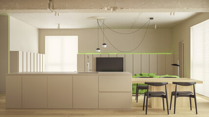 3d visualization of the modern beige interior with a view of the living room and kitchen. View 2. The idea for collage, mood boards, design of social networks and sites