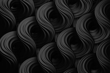 Black abstract wavy curved forms. Twisted shapes. Volumetric digital artwork. 3d render.