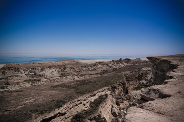 Panorama view to Aral sea from the rim of Plateau Ustyurt near Duana cape , Karakalpakstan, Uzbekistan