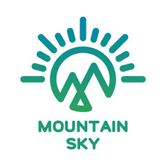 Mountain sky logo. Green blue hills, sky and sun line icon. Mountain peaks linear symbol. Sunrise on the mountaintop. Hiking, mountaineering, climbing concept. Healthy lifestyle. Vector illustration.