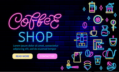 Coffee shop neon banner for web site. Bright flyer. Espresso coffee machine neon light icon. Vector illustration