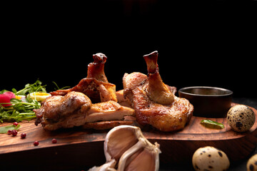 Grilled chick with herbs and sauce on a wooden board. on a black background