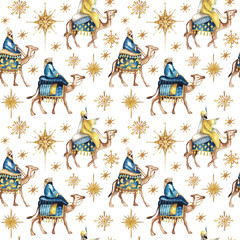 Three biblical Kings (Caspar, Melchior and Balthazar) follow the star. Three wise men on camels. Seamless background pattern. Waterccolor illustration