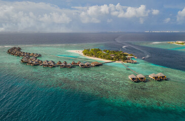 Adaaran Prestige Vadoo resort, Maldives. Aerial drone shot. July 2021.