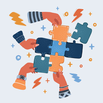 Vector illustration of team making a puzzle. A hand puts proper puzzle.