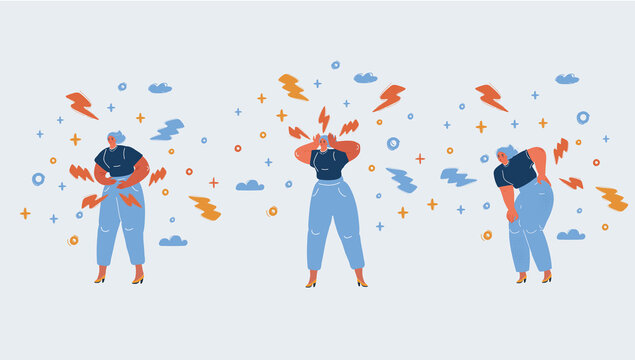 Vector illustration of Woman having pain in her back, stomack and head.