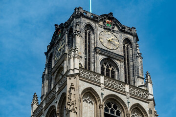 Detail of the church tower of the Grote- or Sint Laurenskerk with the coat of arms of Rotterdam, Zuid-Holland Province, The Netherlands