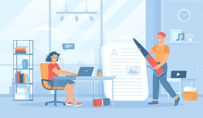 Copywriting. Writing web pages, ads, promotional, make valuable content. Effective online marketing. Flat cartoon vector illustration with people characters for banner, website design or landing page