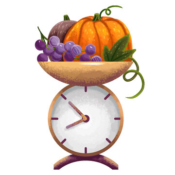 illustration with scales for vegetables for harvest, pumpkin, grapes, brown pumpkin, harvest, comfort
