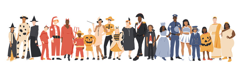 Happy Halloween banner. People in different costumes.
