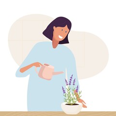 Smiling girl watering room plant in pot at home. Caucasian Woman with watering can takes care of domestic plants. Home gardening, growing flowers hobby Indoor hobby. Cartoon flat vector illustration.