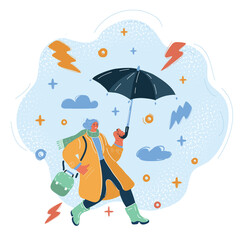 Vector illustration of Rain and wind, women with umbrella