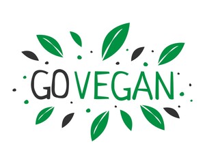 Go vegan word design with leaves and drops isolated on white background.