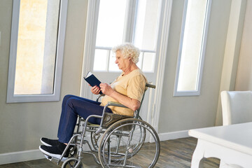 Seniorin im Rollstuhl liest ein Buch zur Weiterbildung