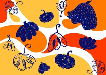 Autumn background with pumpkins. Blue pumpkins on a red-yellow-orange background. Fall colors.