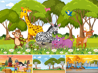 Four different scenes with children cartoon character