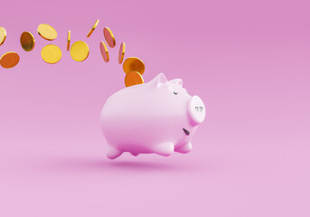 piggy bank jumping and dropping coins in the air. concept of savings, economy, expenses and investment. 3d rendering 