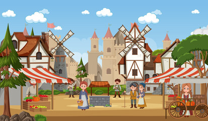 Medieval town scene with villagers at the market place