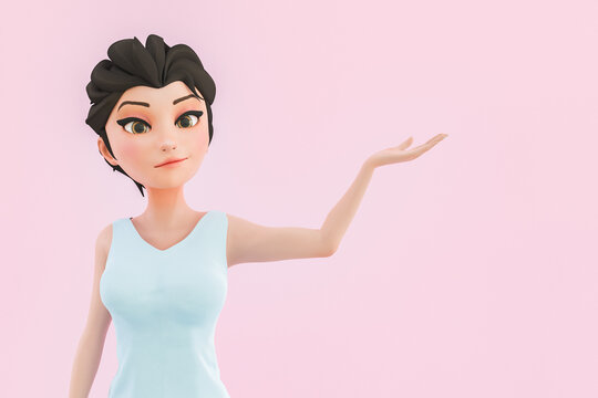 cartoon character of pretty girl with big eyes showing with hand. 3d rendering 