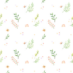 Watercolor seamless pattern - floral childish textile. Background with green leaves, polka dot, rainbow and butterfly. Perfect for fabric, wrapping paper, bed linen, home decor, print