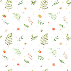 Watercolor seamless pattern - floral childish textile. Background with green leaves, polka dot, rainbow and butterfly. Perfect for fabric, wrapping paper, bed linen, home decor, print
