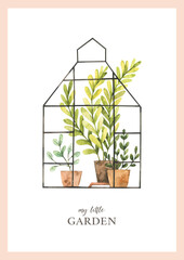 Watercolor childish illustration - Greenhouse with plants, greenery, leaves, pots, tools, butterfly. Grow and plant poster. Eco, Farm, Nature. Perfect for prints, posters, cards, home decor