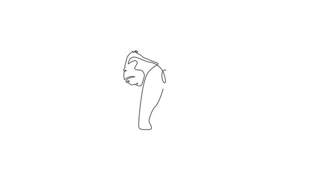 Animated self drawing of one continuous line draw gorilla for national park logo identity. Primate animal portrait mascot concept for conservation forest icon. Full length single line animation.