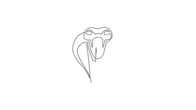 Animated self drawing of single continuous line draw venomous snake for business logo identity. Deadly scary king cobra mascot concept for company brand icon. Full length one line animation.