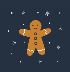 Hand drawn cute gingerbread man on dark background. Festive biscuit illustration.