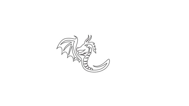 Animated self drawing of one continuous line draw mythological creature dragon for company logo. Fantasy flying dinosaurs animal mascot concept for decorative tribal. Full length single line animation