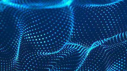 Abstract wave on a blue background with many glowing dots. Digital network background. 3D rendering.