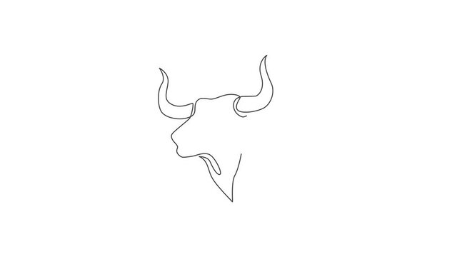 Animated self drawing of single continuous line draw elegance head buffalo for multinational company logo identity. Luxury bull mascot concept for matador show. Full length one line animation.